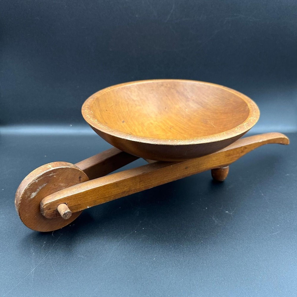 MCM Vtg Woodcroftery Wooden Wheelbarrow Bowl Rustic Decor Decorative Piece 16"